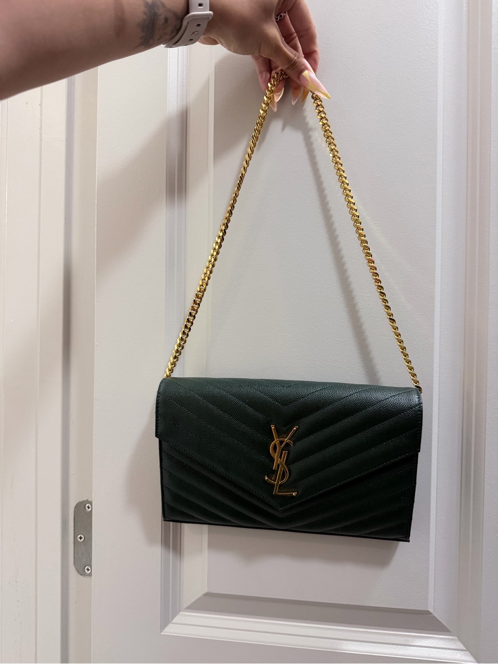 Saint Laurent Green Chevron YSL Wallet-On-Chain with Gold Hardware - Picture 6 of 6